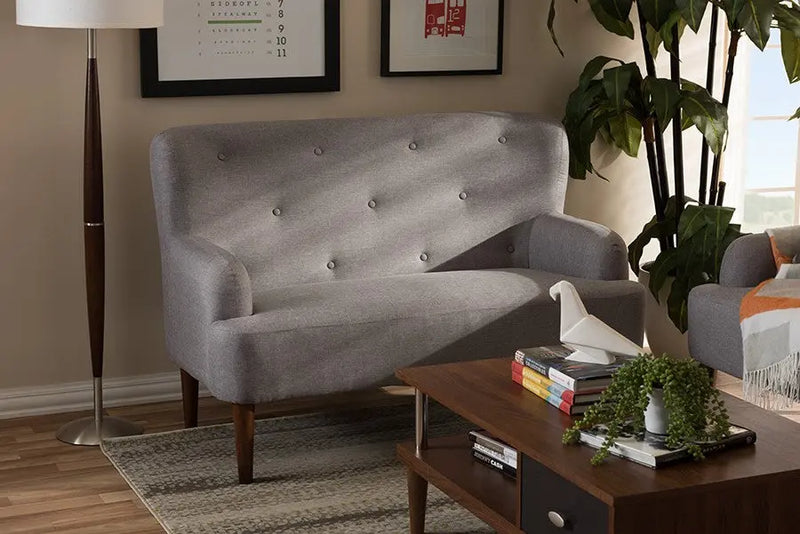 Toni Light Grey Fabric Upholstered Walnut Wood Button-Tufted 2-Seater Loveseat iHome Studio