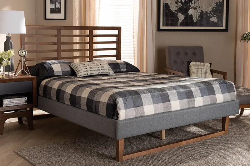 Tristan Dark Gray Fabric Ash Walnut Brown Finished Wood Platform Bed (Full) iHome Studio