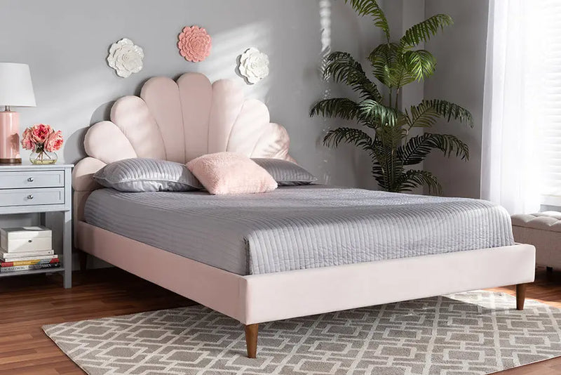 Tristan Light Pink Velvet Walnut Brown Seashell Shaped Platform Bed (Queen) iHome Studio