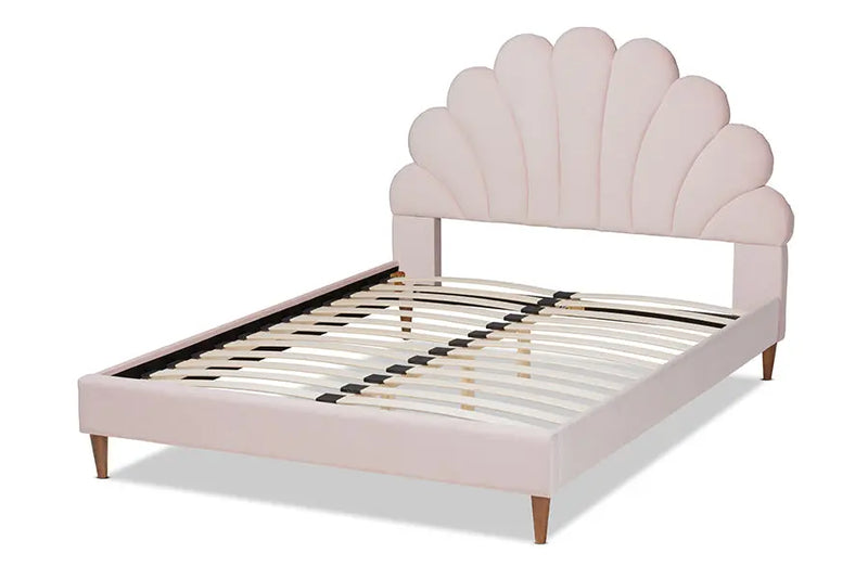 Tristan Light Pink Velvet Walnut Brown Seashell Shaped Platform Bed (Queen) iHome Studio