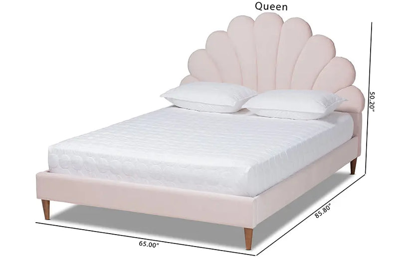 Tristan Light Pink Velvet Walnut Brown Seashell Shaped Platform Bed (Queen) iHome Studio