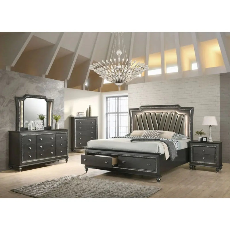 Turner Queen Bed w/LED Headboard, Faux Leather & Metallic Gray iHome Studio