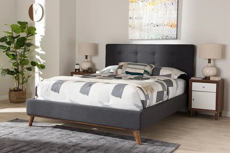 Valencia Dark Grey Fabric Platform Bed w/Button Tufted Headboard (Full) iHome Studio