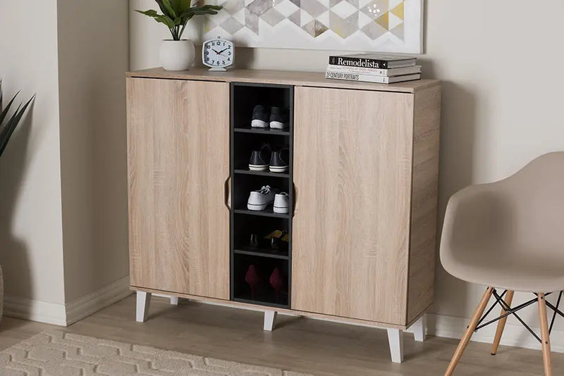 Valina 2-door Oak/Grey Wood Shoe Cabinet iHome Studio