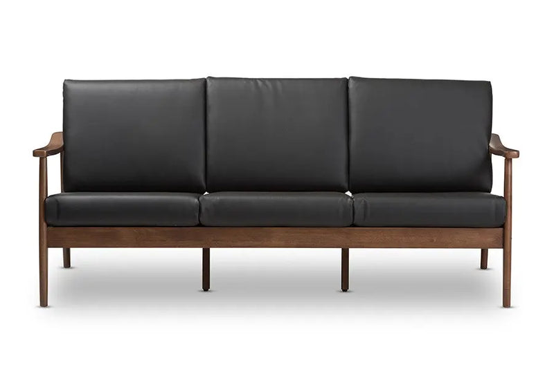 Venza Walnut Wood Black Faux Leather 3-Seater Sofa iHome Studio