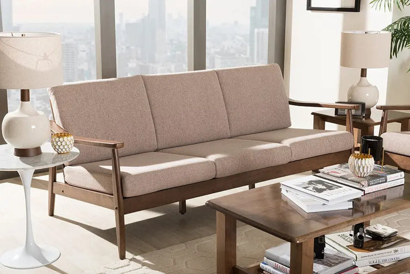 Venza Walnut Wood Light Brown Fabric Upholstered 3-Seater Sofa iHome Studio