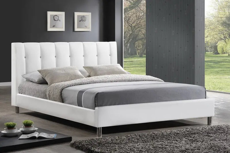 Vino White Faux Leather Platform Bed w/Upholstered Headboard (Queen) iHome Studio