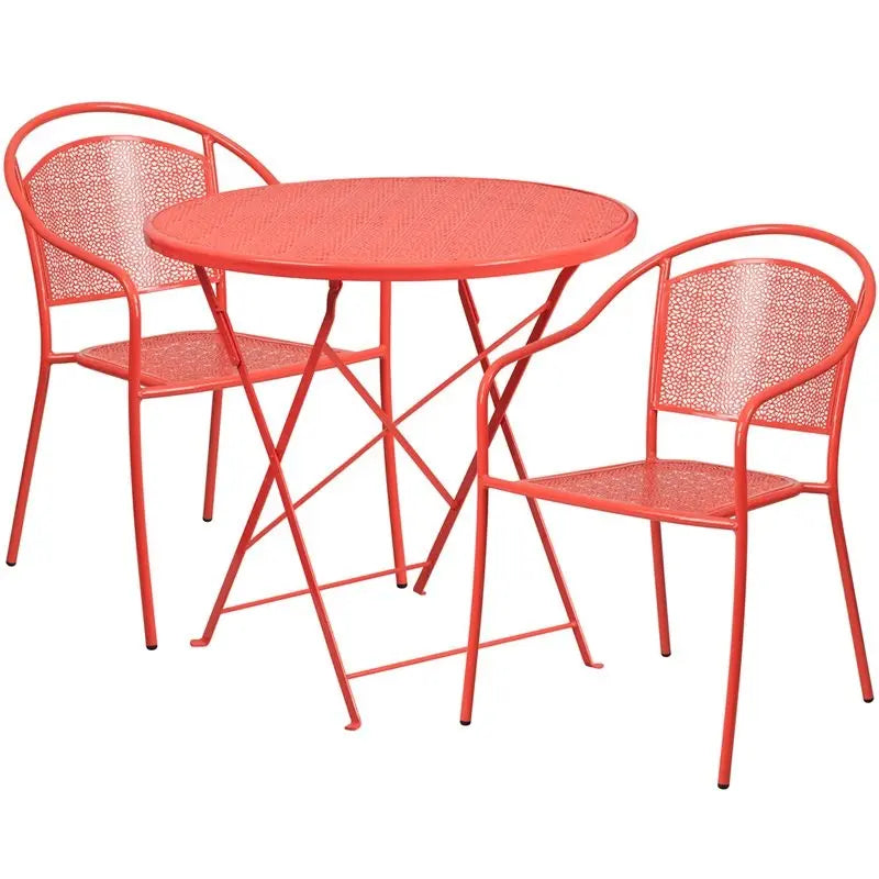 Westbury 3pcs Round 30'' Coral Steel Folding Table w/2 Round Back Chairs iHome Studio