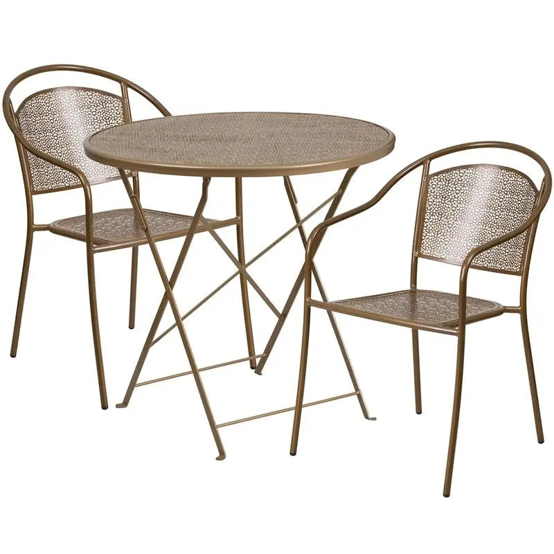 Westbury 3pcs Round 30'' Gold Steel Folding Table w/2 Round Back Chairs iHome Studio