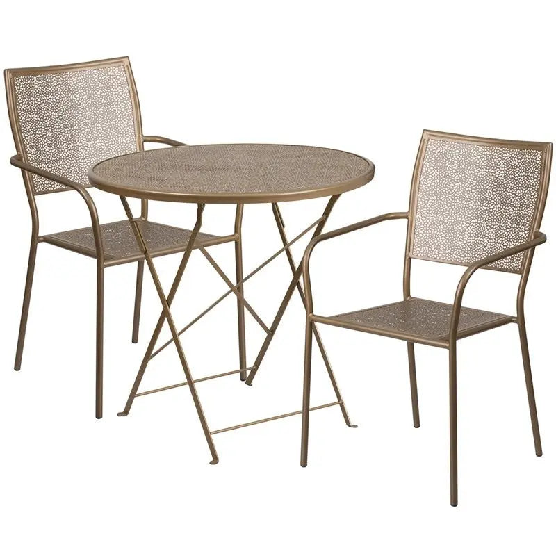 Westbury 3pcs Round 30'' Gold Steel Folding Table w/2 Square Back Chairs iHome Studio