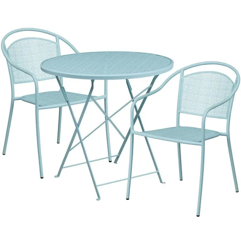 Westbury 3pcs Round 30'' Sky Blue Steel Folding Table w/2 Round Back Chairs iHome Studio