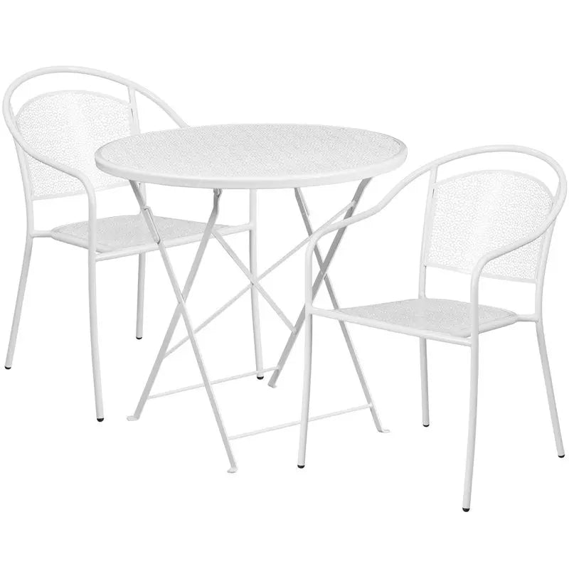 Westbury 3pcs Round 30'' White Steel Folding Table w/2 Round Back Chairs iHome Studio