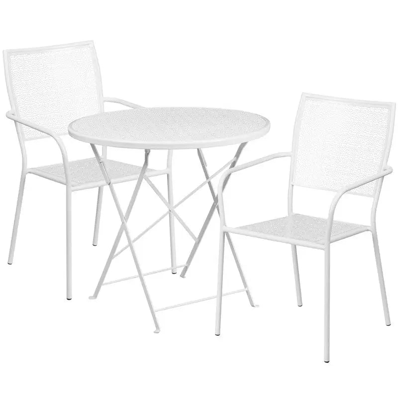 Westbury 3pcs Round 30'' White Steel Folding Table w/2 Square Back Chairs iHome Studio