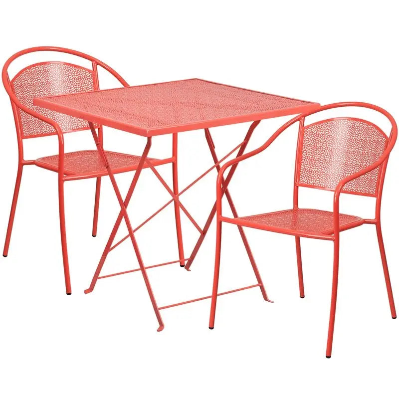 Westbury 3pcs Square 28'' Coral Steel Folding Table w/2 Round Back Chairs iHome Studio