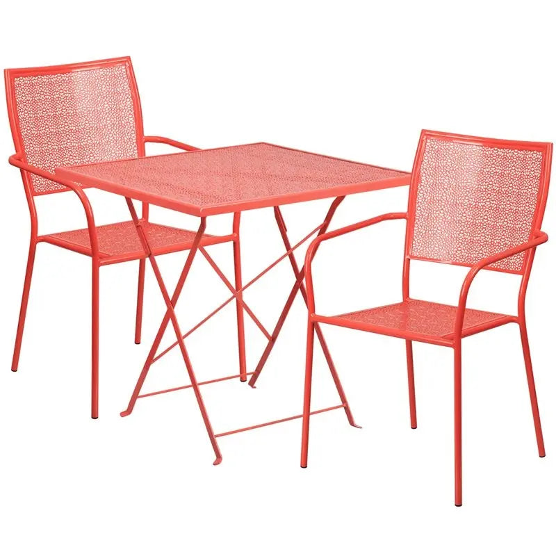Westbury 3pcs Square 28'' Coral Steel Folding Table w/2 Square Back Chairs iHome Studio