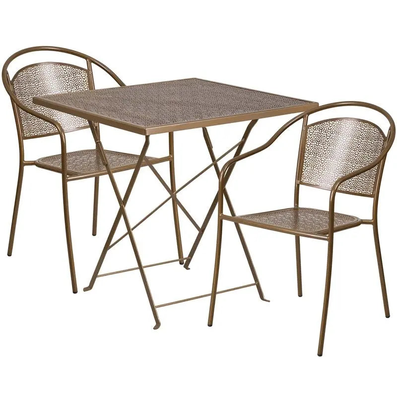 Westbury 3pcs Square 28'' Gold Steel Folding Table w/2 Round Back Chairs iHome Studio