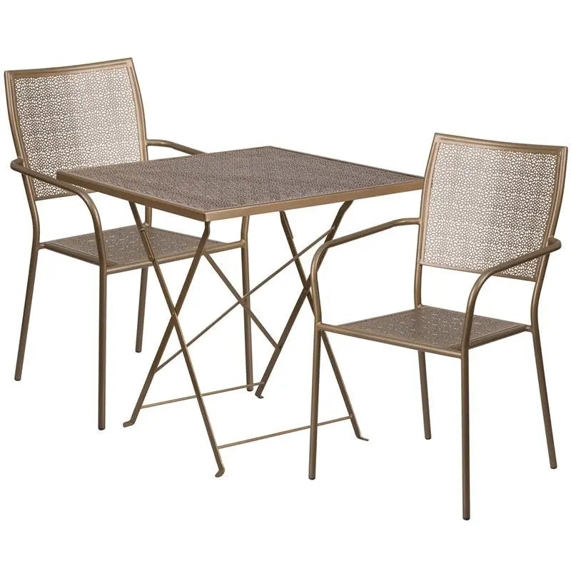 Westbury 3pcs Square 28'' Gold Steel Folding Table w/2 Square Back Chairs iHome Studio