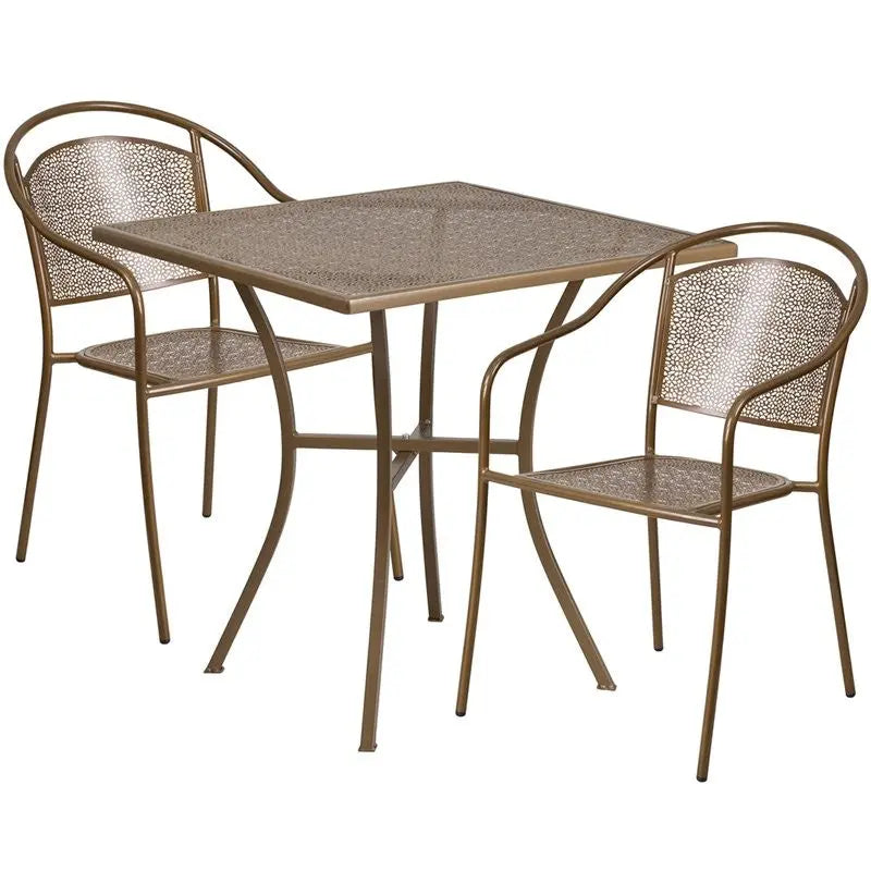 Westbury 3pcs Square 28'' Gold Steel Table w/2 Round Back Chairs iHome Studio