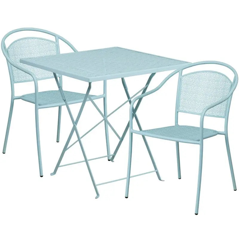 Westbury 3pcs Square 28'' Sky Blue Steel Folding Table w/2 Round Back Chairs iHome Studio