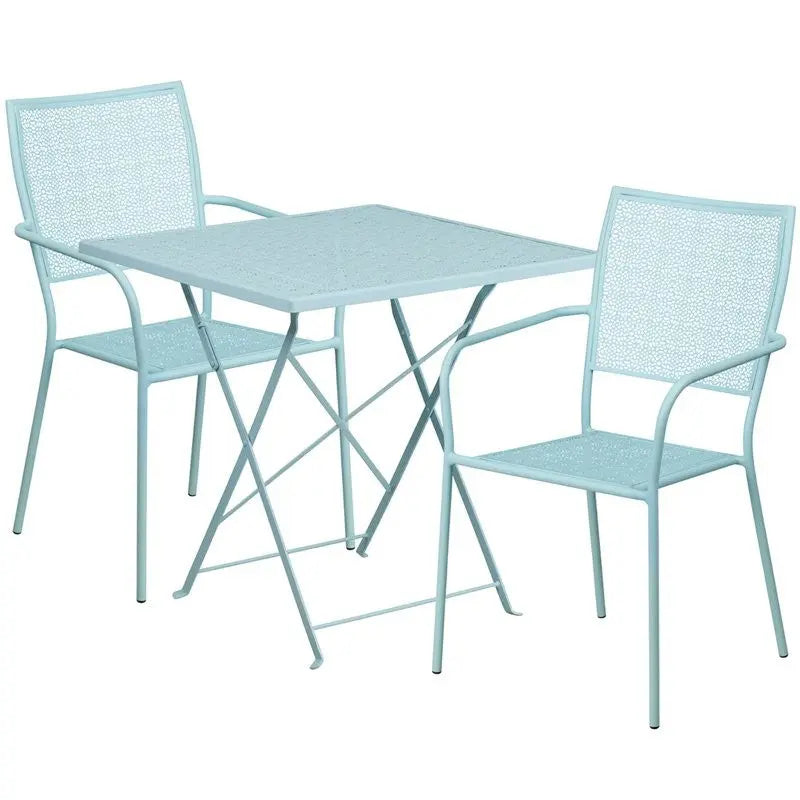 Westbury 3pcs Square 28'' Sky Blue Steel Folding Table w/2 Square Back Chairs iHome Studio