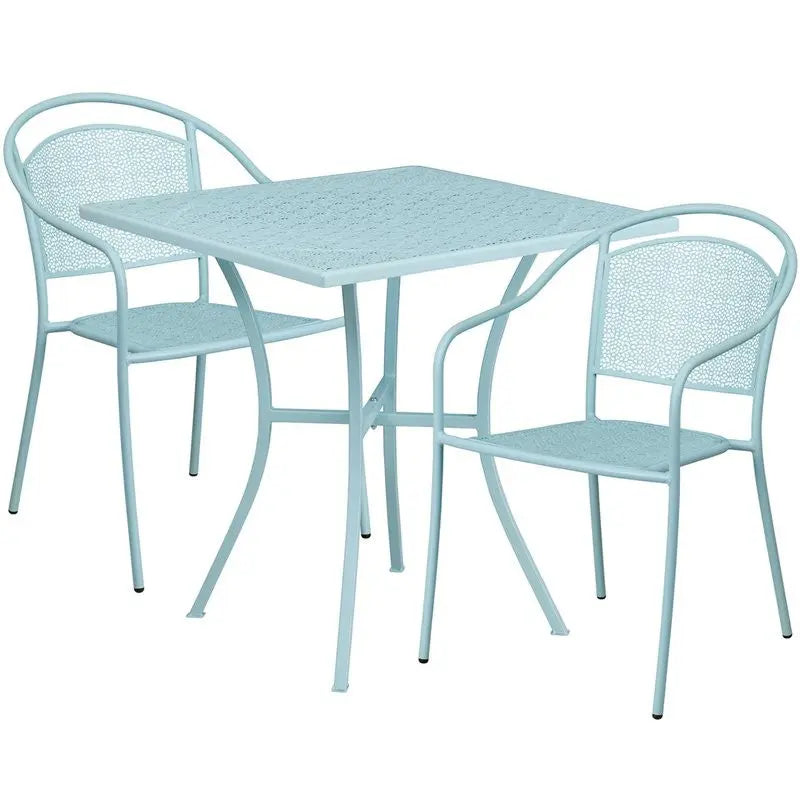 Westbury 3pcs Square 28'' Sky Blue Steel Table w/2 Round Back Chairs iHome Studio