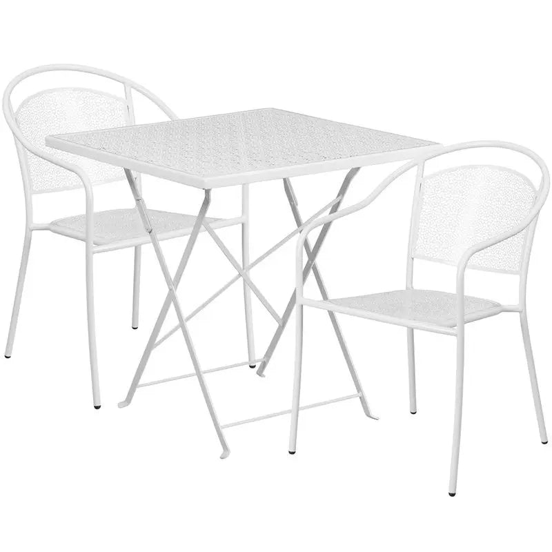 Westbury 3pcs Square 28'' White Steel Folding Table w/2 Round Back Chairs iHome Studio