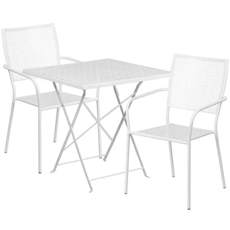 Westbury 3pcs Square 28'' White Steel Folding Table w/2 Square Back Chairs iHome Studio