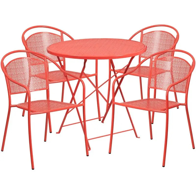 Westbury 5pcs Round 30'' Coral Steel Folding Table w/4 Round Back Chairs iHome Studio