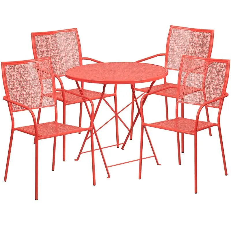 Westbury 5pcs Round 30'' Coral Steel Folding Table w/4 Square Back Chairs iHome Studio