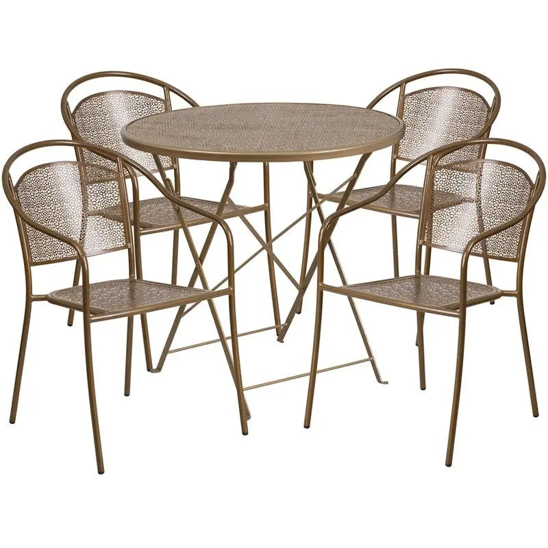 Westbury 5pcs Round 30'' Gold Steel Folding Table w/4 Round Back Chairs iHome Studio