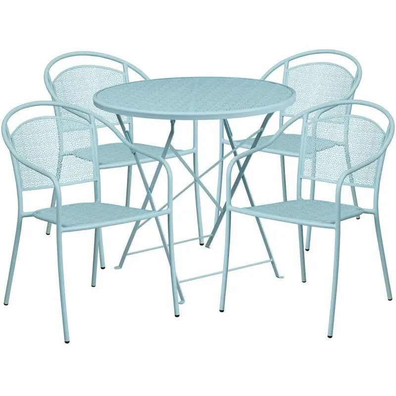 Westbury 5pcs Round 30'' Sky Blue Steel Folding Table w/4 Round Back Chairs iHome Studio