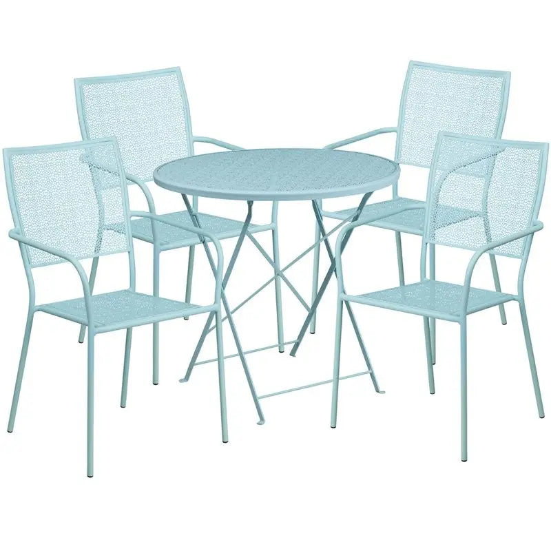Westbury 5pcs Round 30'' Sky Blue Steel Folding Table w/4 Square Back Chairs iHome Studio