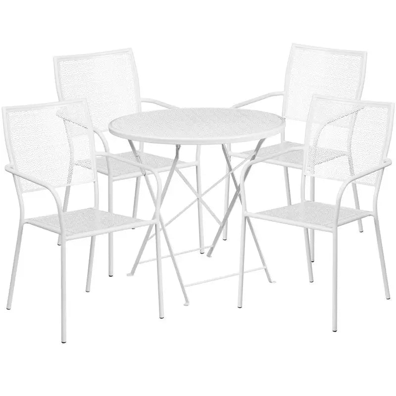 Westbury 5pcs Round 30'' White Steel Folding Table w/4 Square Back Chairs iHome Studio