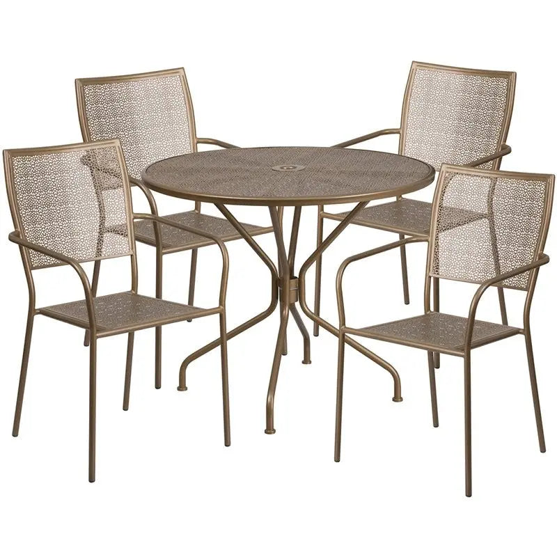 Westbury 5pcs Round 35.25'' Gold Steel Table w/4 Square Back Chairs iHome Studio