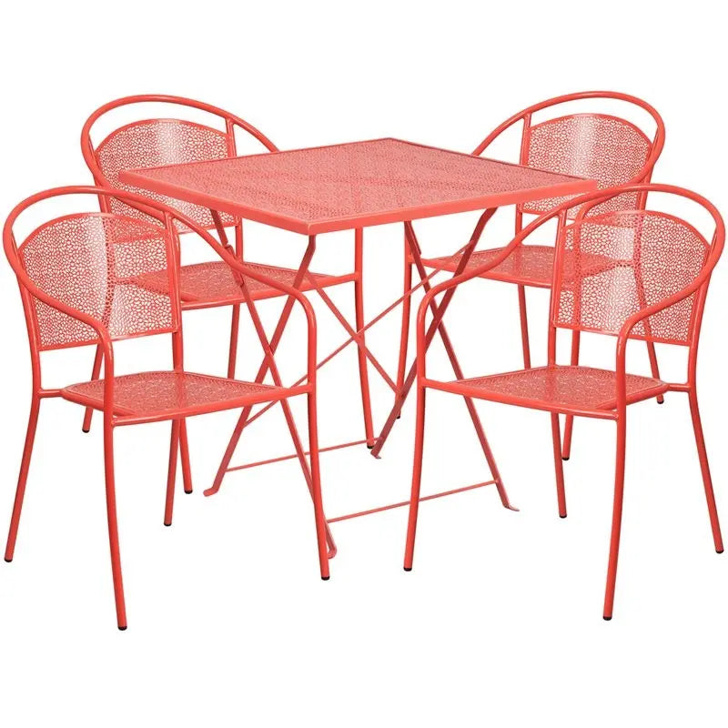 Westbury 5pcs Square 28'' Coral Steel Folding Table w/4 Round Back Chairs iHome Studio