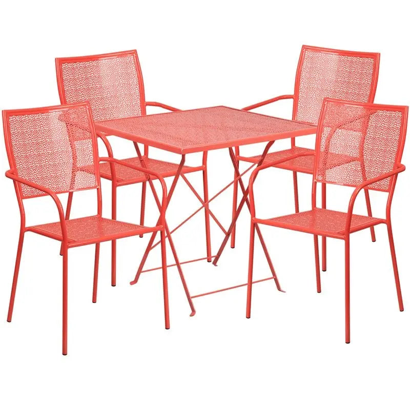 Westbury 5pcs Square 28'' Coral Steel Folding Table w/4 Square Back Chairs iHome Studio