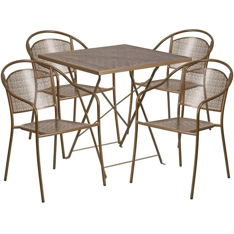 Westbury 5pcs Square 28'' Gold Steel Folding Table w/4 Round Back Chairs iHome Studio