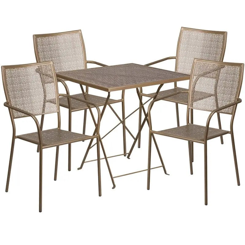 Westbury 5pcs Square 28'' Gold Steel Folding Table w/4 Square Back Chairs iHome Studio