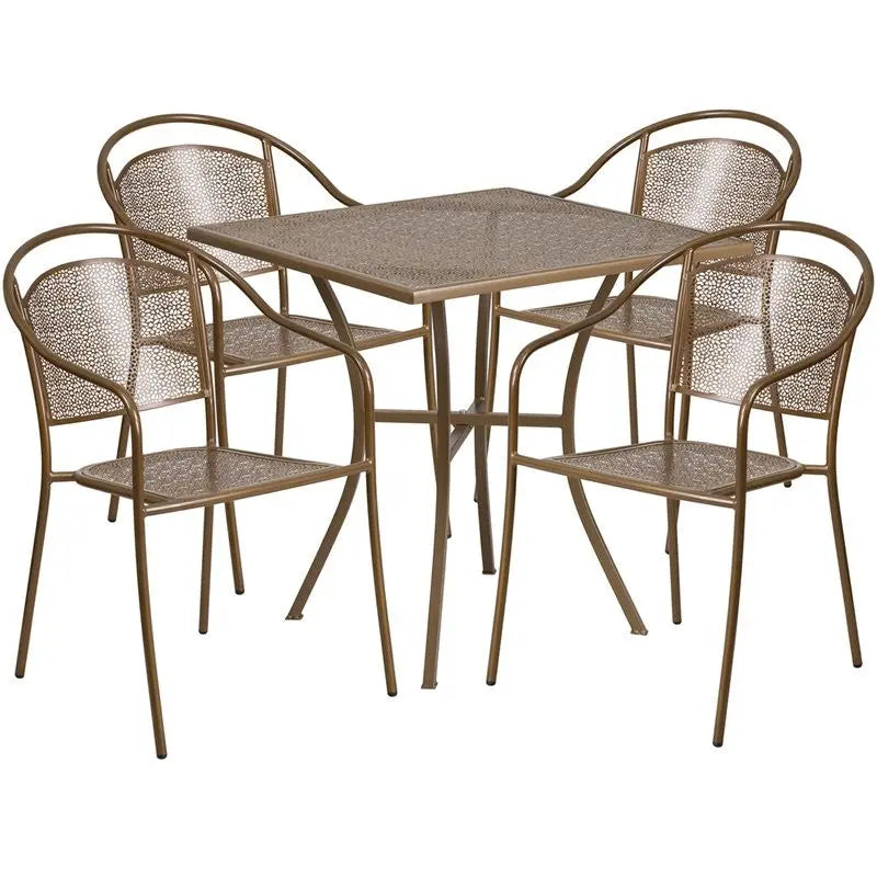 Westbury 5pcs Square 28'' Gold Steel Table w/4 Round Back Chairs iHome Studio