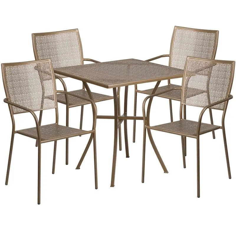 Westbury 5pcs Square 28'' Gold Steel Table w/4 Square Back Chairs iHome Studio