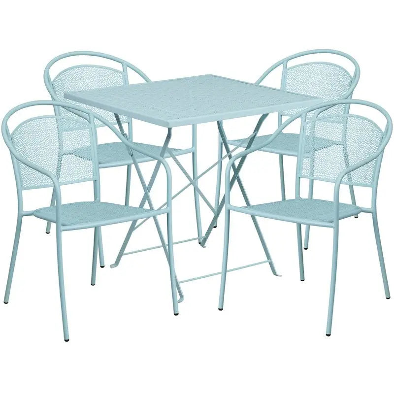 Westbury 5pcs Square 28'' Sky Blue Steel Folding Table w/4 Round Back Chairs iHome Studio