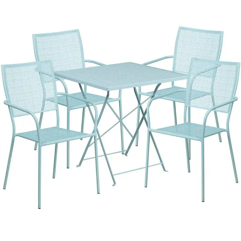 Westbury 5pcs Square 28'' Sky Blue Steel Folding Table w/4 Square Back Chairs iHome Studio