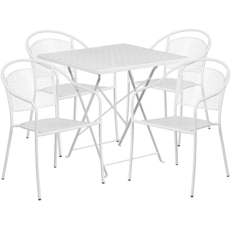 Westbury 5pcs Square 28'' White Steel Folding Table w/4 Round Back Chairs iHome Studio