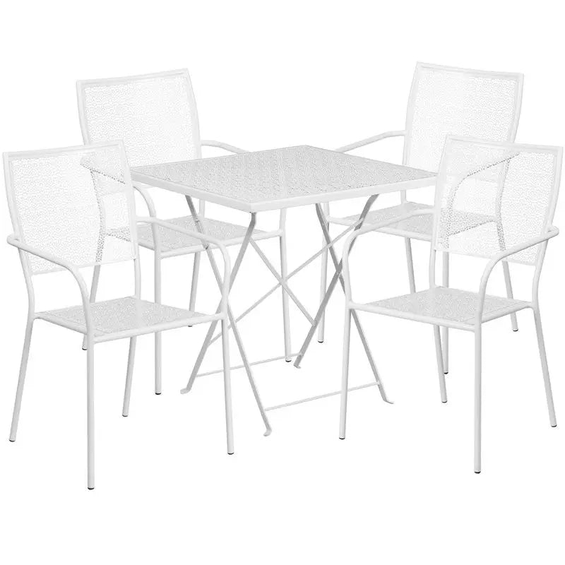 Westbury 5pcs Square 28'' White Steel Folding Table w/4 Square Back Chairs iHome Studio