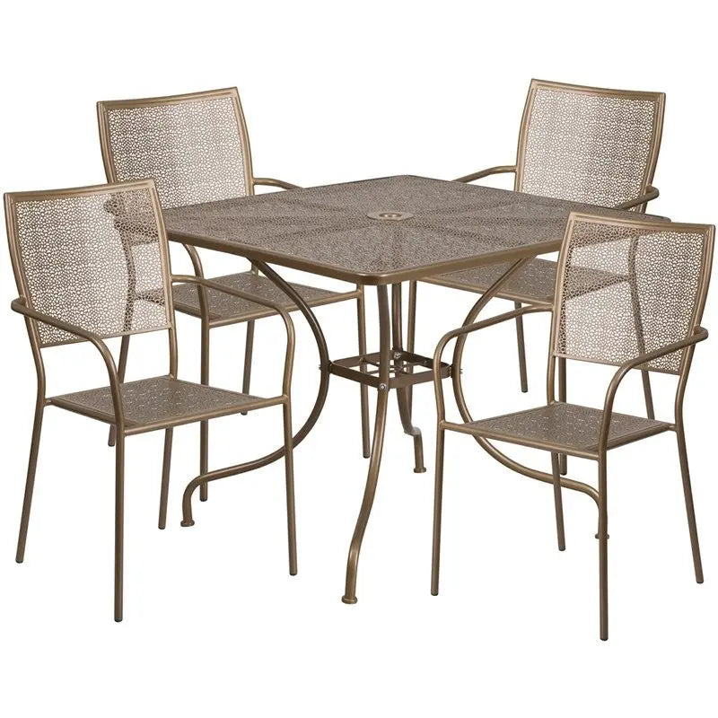 Westbury 5pcs Square 35.5'' Gold Steel Table w/4 Square Back Chairs iHome Studio