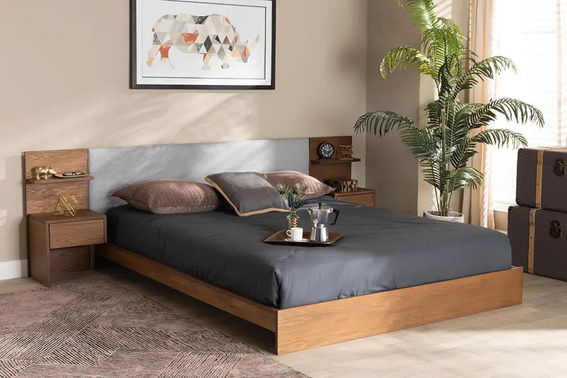 Westmister Light Gray Fabric Upholstered Walnut Brown Wood Platform Storage Bed w/Built-In Nightstands (Queen) iHome Studio