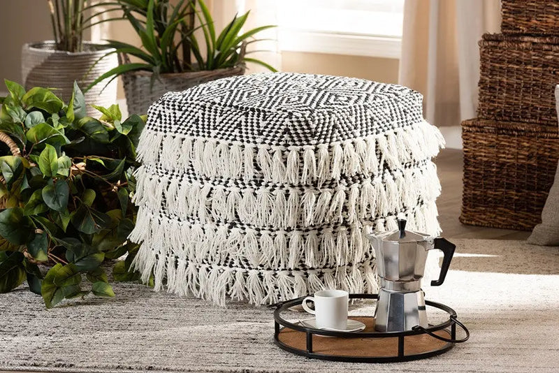 William Moroccan Inspired Black and Ivory Handwoven Wool Tassel Pouf Ottoman iHome Studio