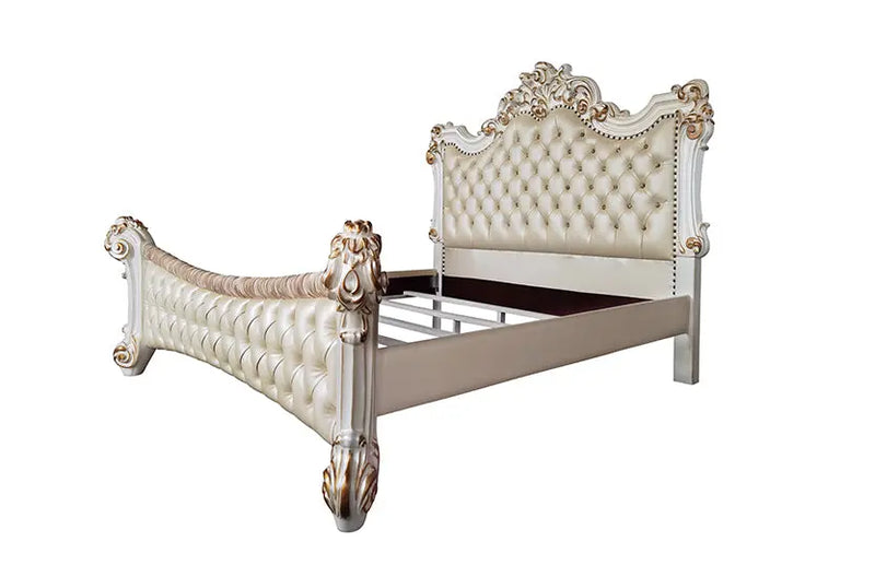 Wilson California King Bed, Faux Leather & Antique Pearl Finish iHome Studio