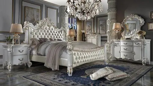 Wilson King Bed, Faux Leather & Antique Pearl Finish iHome Studio