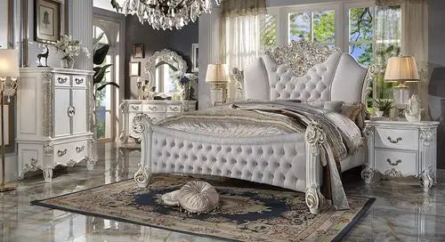 Wilson King Bed, Two Tone Ivory Fabric & Antique Pearl Finish iHome Studio